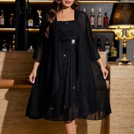 Plus Size Elegant Party Jacket & Rhinestone Embellished Dress 2 Pieces Set Women's Winter Clothes Fa