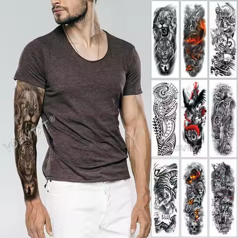 Large Arm Sleeve Tattoo Sketch Lion Tiger Waterproof Temporary Tatoo Sticker Wild Fierce Animal Men 