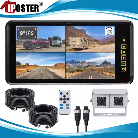 iPoster 9 Inch IPS Screen AHD Rear View Mirror Monitor 1080P Dual Head Joint Reversing Cameras Water