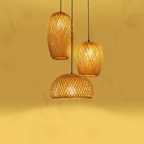 Bamboo Lantern Pendant Lamp Retro Restaurant Hanging Light Hand-Woven Lampshades E27 Lighting Fixtur