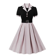 Fashion Summer Short Vintage Casual Women's Dress Elegant Polka Dot Print Patchwork Turn Down Collar