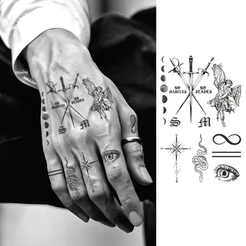 Assorted pattern herbal hand tattoo stickers bat letter venomous snake sun polar star sword eyes vin