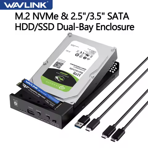 WAVLINK Aluminum M.2 NVMe Dual-Bay Hard Drive Enclosure for 2.5"/3.5" SATA HDD/SSD One-Key Offline C