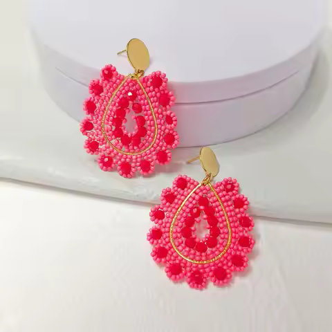Beaded earrings Water drop Originality Crystal Flowers Red. Hand knitting Bohemia Alloy Fashion Simp