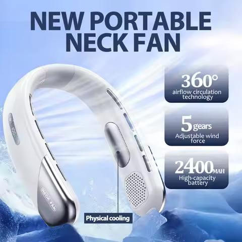 2026 LED Display Neck Fan, 360° Surround Airflow, 5-Speed, 2400mAh Rechargeable, Quiet Wearable Pers