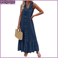 Women Cotton Linen Ruffle Dress Casual Sleeveless V-Neck Tunic Tank Dress Summer Beach Swing Shift L