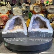 couple quartz stone geode crystal cave with calcite fengshui in gold element金形💯天然白水晶对洞 绿皮幽灵绕边 左右头顶一颗