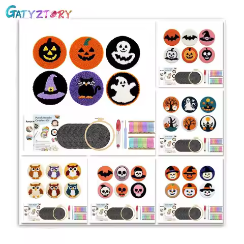 Punch Needle Coasters Kit for Beginners Adults 6pcs Cartoon Pattern Embroidery Punch Needle Kits Tuf