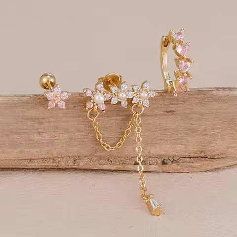 3PCS Stainless Steel Pink Zircon Flower Tassel Piercing Earrings Set For Women Heart-shaped Pendant 