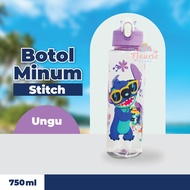 Botol Minum Stitch 750ml - (Free Sedotan + Strap) / Botol Minum Lucu Transparan Karakter Stitch