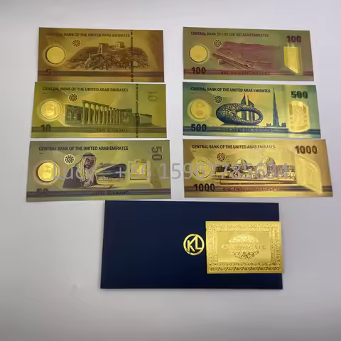 Beautiful Colored 6 Designs Middle East 5 10 50 100 1000 Gold Banknote in 24k Gold Plated Plastic Mo