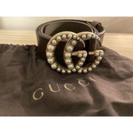 GUCCI 珍珠雙G Logo皮帶 - 寬版