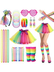 80年代女裝派對服裝套裝,彩虹短裙、腿套、魚網手套、眼鏡、耳環、手鍊、項鍊、髮帶,適用於80年代派對、裝扮日、彩虹裝潢