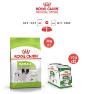[เซตคู่สุดคุ้ม] Royal Canin X-Small Adult 3kg + [ยกกล่อง 12 ซอง] Royal Canin Mini Adult Pouch Gravy อาหารเม็ด + อาหารเปียกสุนัขโต พันธุ์เล็ก อายุ 10 เดือนขึ้นไป (ซอสเกรวี่ Dry Dog Food Wet Dog Food โรยัล คานิน)