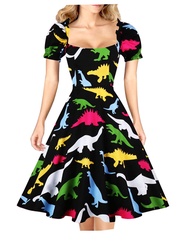 Women's Puff Short Sleeve 1950s Party Dresses Square Neck Aline Dress with Pockets