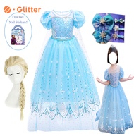 Dress for Kids Girl Princess Dresses Frozen 2 Baby Clothes Anna Elsa Cosplay Costume Long Cloak Wig Stickers Hair Clip Birthday Kid Gift Party OOTD Costumes