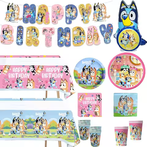 Cartoon Bluey Birthday Party Decoration Blue Pink Bluey Balloon Set Plate Tablecloth Gift Bag Boy Gi