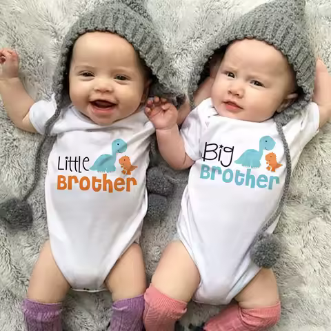 Little Big Brother Twins Baby Short Sleeve Jumpsuit Clothes New Born Baby Boy Stuff Clothes Cartoon 