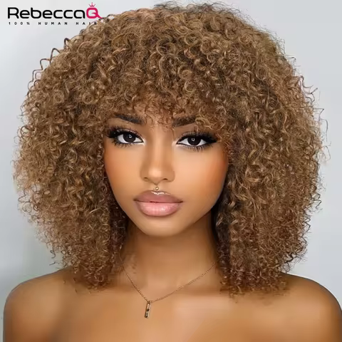 Short Curly Bob Human Hair Wigs with Bangs Afro Kinky Curly Easy Wig Glueless Wig Remy Peruvian Brow