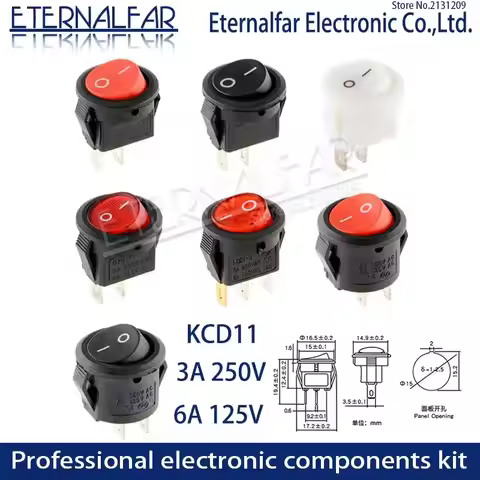 KCD11 3A 250V AC 6A 125V AC SPDT ON-OFF Opening 15MM Full Round Red Black white 2 Feet 3 PIN 2 File 