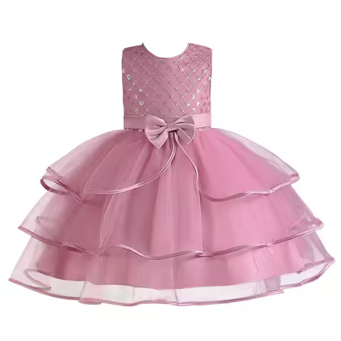 Pink Floral Sleeveless Princess Dress W8021 Bean Pink for Girls 2-10 Years Sweet Birthday Party Wear