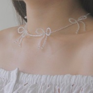 泡泡蝴蝶結 白水晶日本米珠項鍊