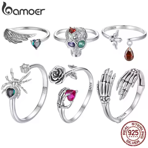 Bamoer Original 925 Sterling Silver Skeleton Hand Skull Opening Ring Sword Wing Ring For Women Hallo