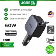 UGREEN 90W Car Charger with 60W Retractable Cable 3 Port PD 3.0 USB Type C Fast Charging iPhone 16 1