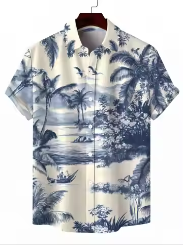 Men's Hawaiian Shirt Vintage Blue White Tropical Island Landscape Print Short Sleeve Button Down Alo