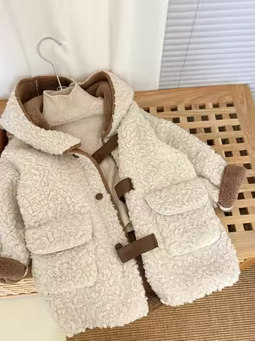 Korean Style New Winter Kids Girl Coat Hooded Composite Wool Cotton Jacket Children Outwear Baby Gir
