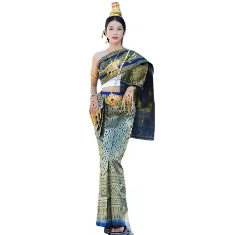 Thailand Vintage Traditional Clothing Women's Suit Tube Tops Long Skirt Shawl Stage Performance Ethn