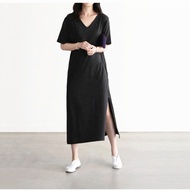 Plus Size Korean Women V-Neck Short Sleeved Dresses Long Loose Comfortable Modal Casual Split T-shirt Dress