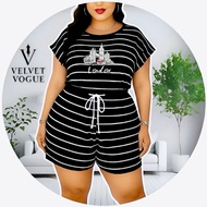 "Plus Size Cotton Spandex Terno Shirt Short with Pockets" Batwing Sleeve Stripes Set