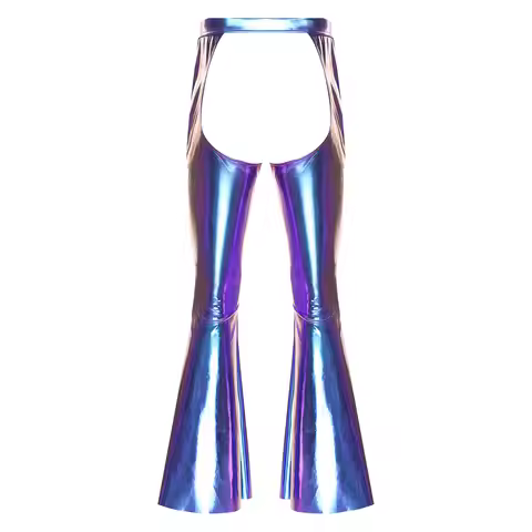 Mens Lingerie Open Crotch Metallic Chaps Flared Pants Elastic Waistband Bell-Bottom Trousers Club St