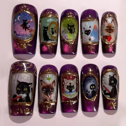 24pcs Sweet Cool Spicy Girl False Nails Cute cartoon Magic Cat Designs Y2k Press On Nails Purple Lon