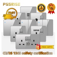 PSSRISE 【G19】Wall Switch Socket Mirror Large Plate Tempered Glass 13A/Door Bell/Autogate/Light Controller/Rotary/Wall Socket with Usb  with Fluorescent Lamp （No Need for Electricity）One Year Warranty CE International Certification