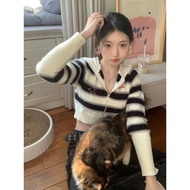 Pudding ~~ "72036" Striped Knitted Shirt Long Sleeves Hoodie -C