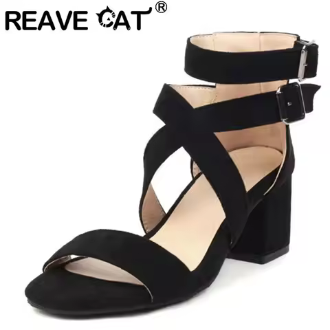 REAVE CAT 2022 Women Shoes Sandals Peep Toe Block Heels Buckle Strap Flock Size 34-48 Black Red Summ