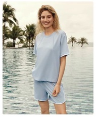 女士冰藻泥涼感布3A抗菌棉質短袖短褲家居睡衣套裝