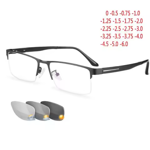 Half Frame Square Myopia Photochromic Spectacles Women Men Semi-Rimless Metal Chameleon Nearsighted 