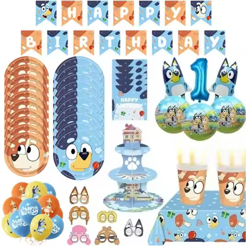 Cute Bluey Birthday Party Decoration Bluey Paper Napkin Plate Cup Tablecloth Balloons Kids Baby Show