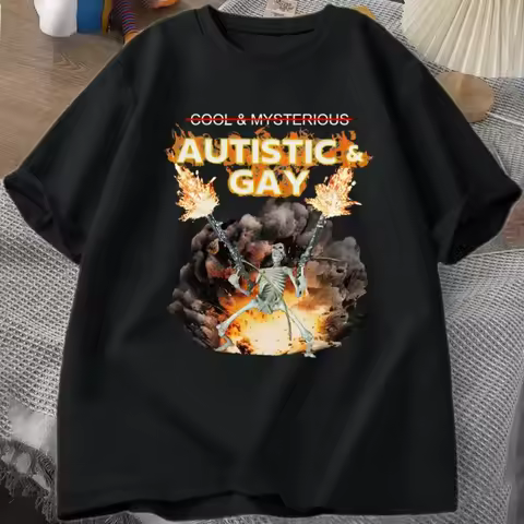 1pc Autistic and Gay Skeleton Explosion T Shirt Unhinged Skeleton Autism Meme T-Shirt Short Sleeve G