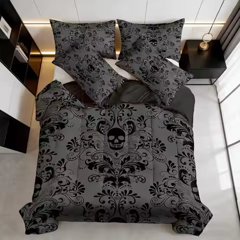 2/3pcs Gothic Skull Floral Print Comforter Set (Twin, Full, Queen, King Sizes), 1 Comforter + 1/2 Pi