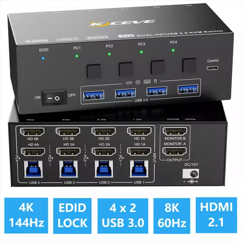 KCEVE 8K KVM Switch HDMI 4 Port 4K 120Hz USB 3.0 KVM Switch 4 PC 1/2 Monitor EDID Emulator One/Dual 