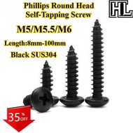 [HL-ZGLS] Black SUS304 Phillips Round Head Self-Tapping Screw M5/M5.5/M6 Cross Pan Head Pointed Tail