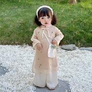 Baby ao dai, innovative baby girl's ao dai with embroidered chrysanthemum flowers and free hair band