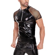 Men Sexy Leather T-Shirt, Plus Size S-5XL, Glossy PVC Leather, Transparent Mesh, Shiny Latex Short S