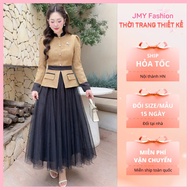 A823, CV1 Set of beige evening gown with flap pockets and elegant long flared black mesh lace skirt 