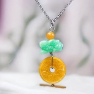 黃翡雕花翡翠平安扣項鍊18K金鑲嵌墜頭 | 天然緬甸翡翠A貨 | 送禮