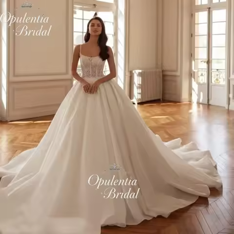 Opulentia Customized Sparkly Gorgeous Princess A Line Wedding Dress Lace Applique Beaded Pearl Bride